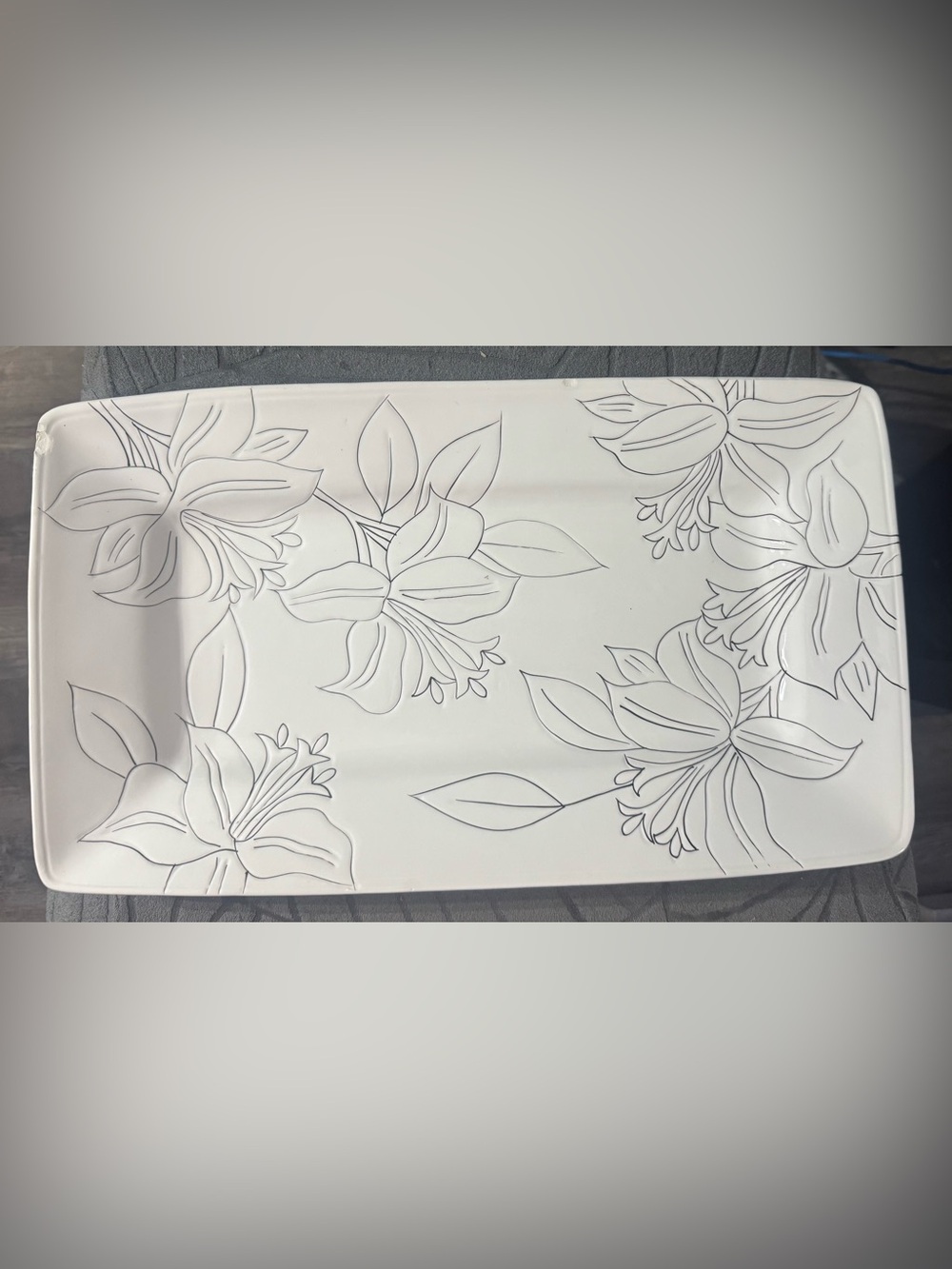 White Ceramic Vanity Tray with Gray Floral Line Design